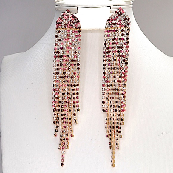 Handmade Jewelry - Swarovski Crystal Gold Overlay Pink Fringe Shoulder Duster Statement Earrings